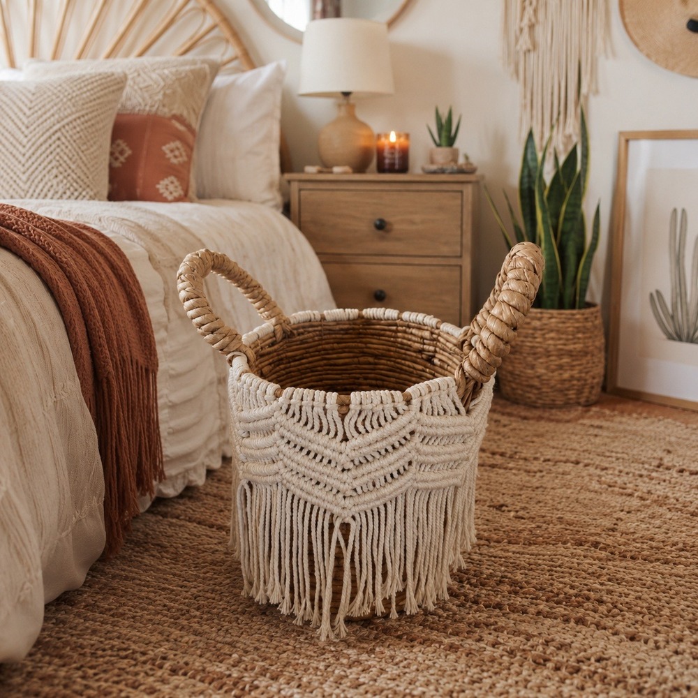 Woven Seagrass Banana Basket‎ Macrame Fringe Boho Handle Storage Decor Accent